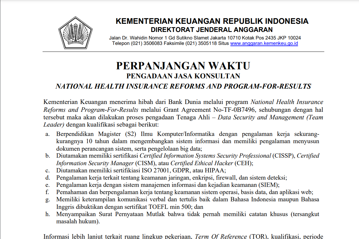 Perpanjangan Waktu Pengadaan Konsultasi Individu untuk Mendukung Pengembangan Dashboard Sistem Monitoring dan Evaluasi Jaminan Kesehatan Nasional